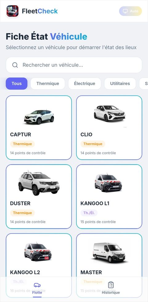 FleetCheck sur téléphone : la liste des véhicules à contrôler, avec le nombre de points de contrôle de chacun