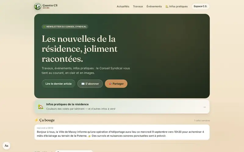 Page d'accueil de la Gazette, newsletter du conseil syndical